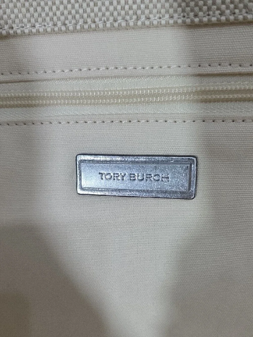 Tory Burch Cream Canvas Tote with Silver Logo and Trim